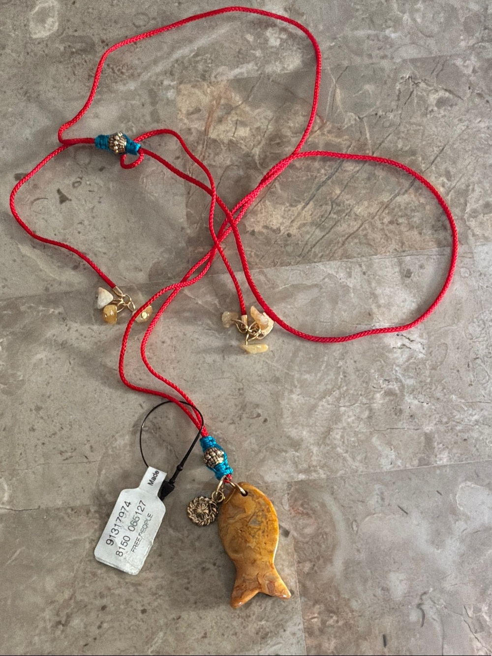 FREE PEOPLE Red Cord Necklace with Yellow Stone Fish Pendant